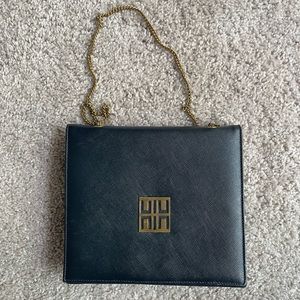 Vintage Navy Leather Purse with Gold Square Detail & Chain Strap